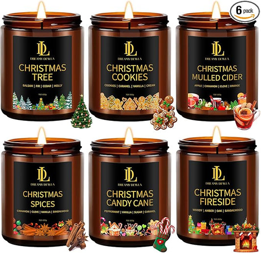 Christmas Candle Set, 6 Pack Holiday Scented Candle, Soy Candle for Home Scented, Christmas Holiday Candles Gift for Women Men, Scents of Christmas Tree/Cookies/Spices/Candy Cane/Mulled Cider/Fireside