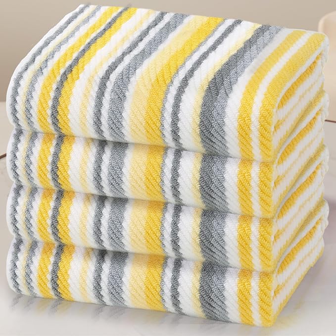 Quick Dry Bath Towels for Bathroom, 4 Pack 28"x52" - 100% Cotton | Soft | Absorbent | Lightweight, Bath Towels with Hanging Loops, Luxury Towel Set for Showering & Guset, Yellow and Gray Stripe