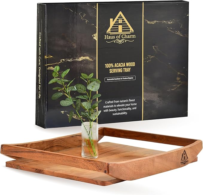 Solid Acacia Wood Tray - Large Breakfast in Bed & Coffee Table Wooden Tray - Food-Safe, Gift-Ready Packaging - Complimentary Rubberwood Catchall - 17x13