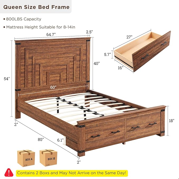 T4TREAM Farmhouse Queen Size Bed Frame with 54" Tall Geometric Headboard & 2 Large Storage Drawers, Rustic Wood Platform Bed with Wood Slats Support, No Box Spring Needed, Reclaimed Barnwood