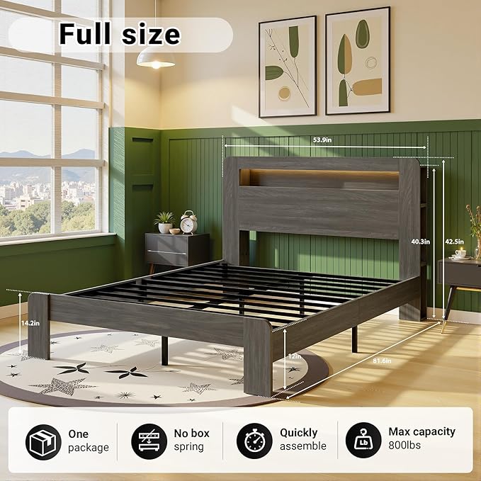 Full Bed Frame with Headboard, Wooden Platform Bed Frame Full Size with Bookcase Shelf, LED Lights, Charging Station, Heavy Duty Supports, No Box Spring Needed,Dark Grey