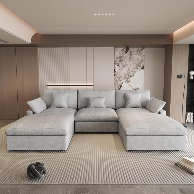 120" Cloud Couch Modular Sectional Sofa with Ottoman,Down Filled U Shaped 5 Seater Convertible Sofa,Cover Washable and Replaceable Couches for Living Room,Gray