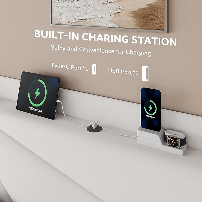 iPormis Full Size Bed Frame with Charging Station, Velvet Platform Bed Frame with Wingback Upholstered Headboard, Solid Wood Slats Support, No Box Spring Needed, Easy Assembly, White