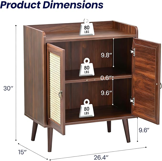 26" Rattan-Door Sideboard Cabinet with Round Pull Rings, 2-Door Credenza Buffet with Generous Storage, Modern Accent Cabinet for Living Room & Kitchen, Dark Brown
