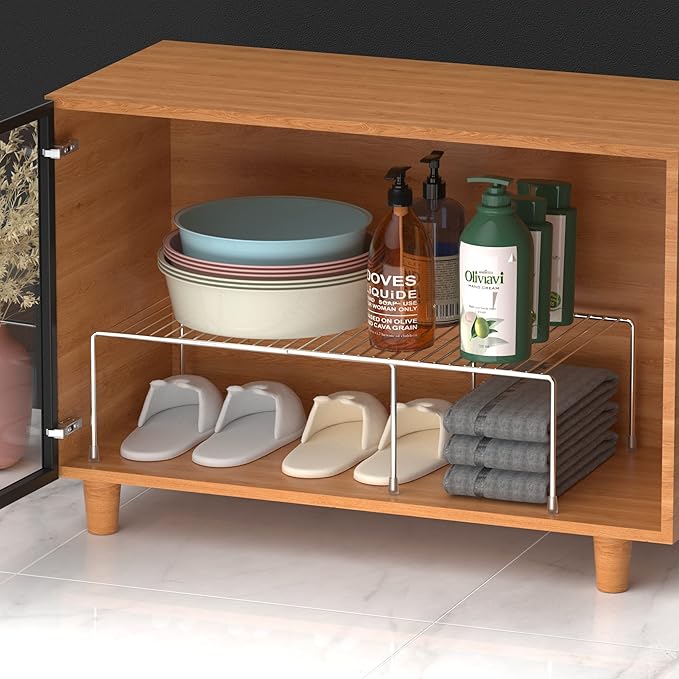 Kitchen Cabinet Expandable Shelf Organizers Set of 4, Adjustable Metal Wire Pantry Storage Shelves, Plate Dish Organizer Rack for Cabinets, Cupboard, Counter, Freezer, Countertop, Chrome