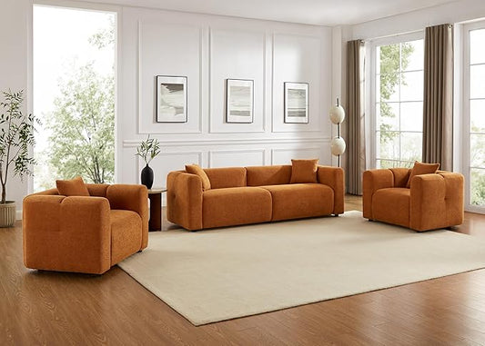 VANOMi Living Room Furniture Sets Include 95" Sofa & 42" Armchairs, Boucle Upholstered Oversized Couch with Pillows, Living Room Furniture Set for Bedroom Apartment (Curry, 1 Sofa+2 Chairs)