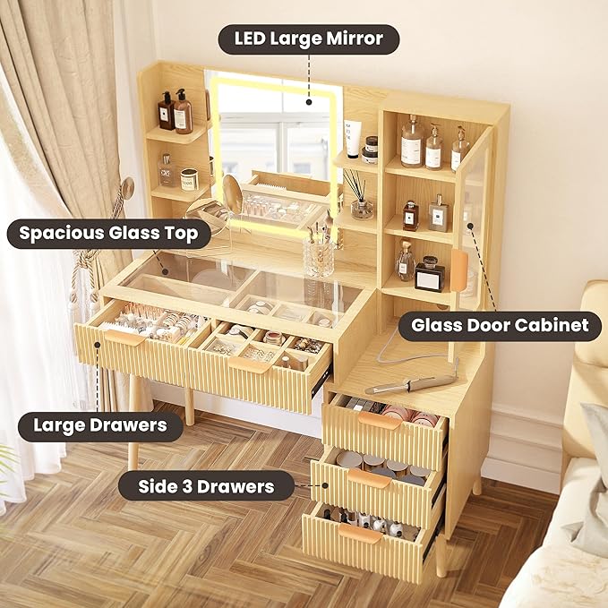 Fluted Vanity Desk with Mirror and Lights, 3 Color Clear Glass Door Dressing Table with Charging Station, 5 Drawers Glass Top Makeup Vanity with 9-Grid Organizer and 10 Storage, Light Oak