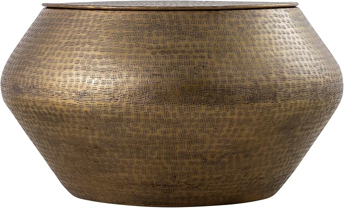 Albany Living Modern Cylindrical Aluminum Hammered Embossed Texturing, Metal Drum Coffee Table with Removable Lid for Storage,Fully Assembled, for The Living Room and Bedroom, Brass