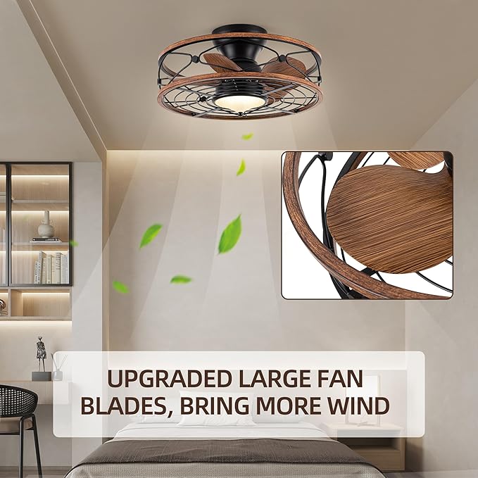 TIFEROR 20'' Low Profile Ceiling Fans With Light, Flush Mount Caged Ceiling Fan With Remote Control, Reversible Motor With Low Noise And Energy Efficient, 3 Color LED