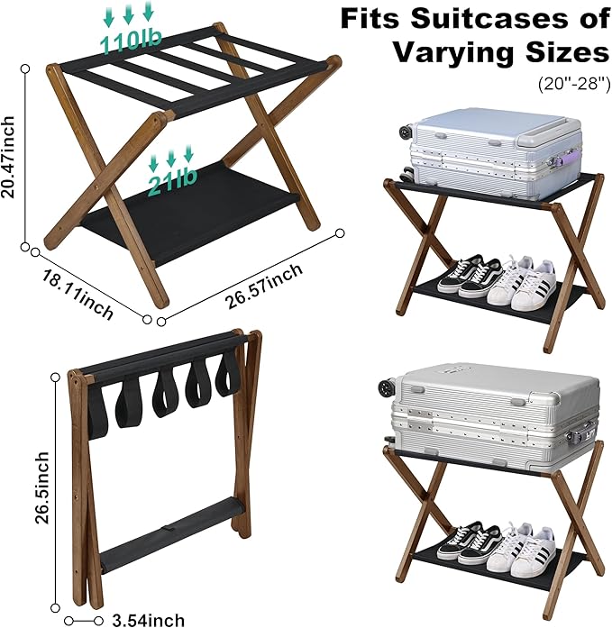 VASMIA Luggage Rack, Folding Suitcase Stand with Storage Shelf,Bamboo Luggage Stand for Guest Room,Bedroon and Hotel,Holds up to 131 lb,Fit Most Luggage Size,Walnut