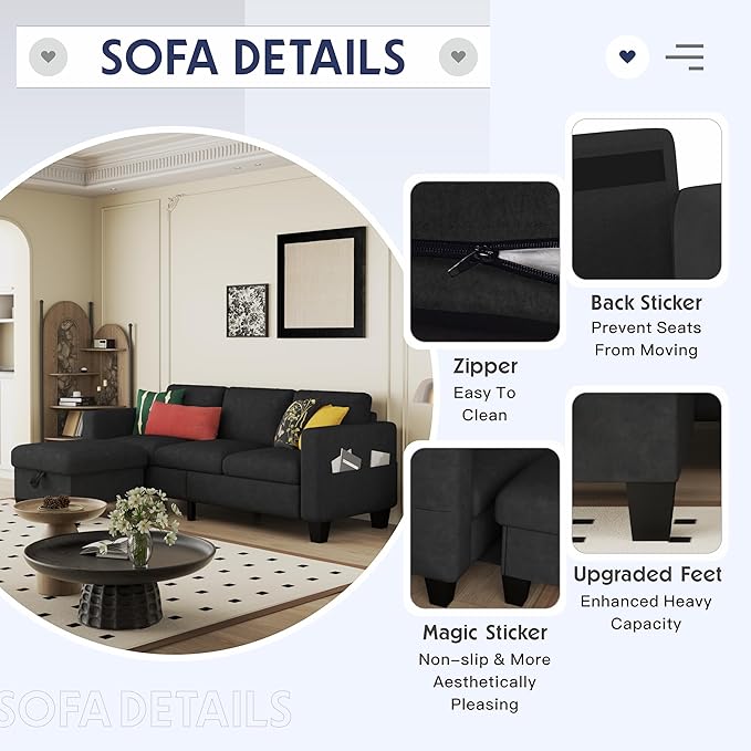 ZeeFu Convertible Sectional Sofa Couch: Classic 3 Seat L-Shaped Sectional Sofa Couches with Storage Ottoman - Modern Black Velvet Upholstered Sofa Set for Living Room Office Small Space Apartment