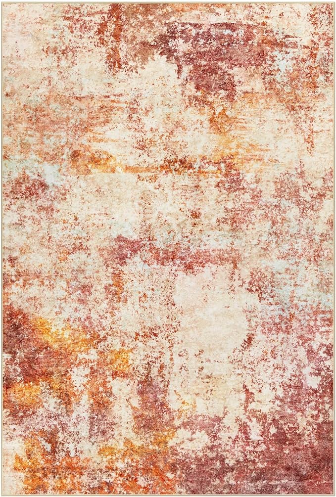 Area Rug Living Room Rugs - 10x14 Washable Modern Neutral Abstract Rugs Soft Low Pile No Slip Stain Resistant Rug Indoor Large Carpet for Bedroom Dining Room Nursery Room Home - Pink/Orange