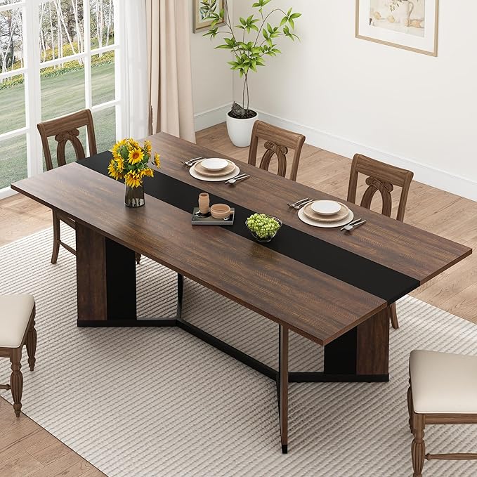 71 inch Dining Table for 4 5 6 | Modern Brown and Black Rectangular Kitchen Table W/Waterproof Wood Tabletop,Farmhouse Long Dining Room Tables W/Adjustable Legs&Wood Strip Base for Kitchen Living Room