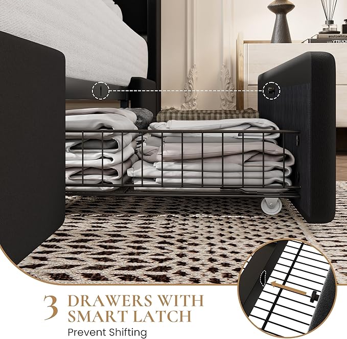 SHA CERLIN King Size Bed Frame with 3 Drawers, USB & Type-C Charging Ports, Velvet Upholstered Platform Bed with Modern Geometric Wingback Storage Headboard, No Box Spring Needed, Easy Assembly, Black