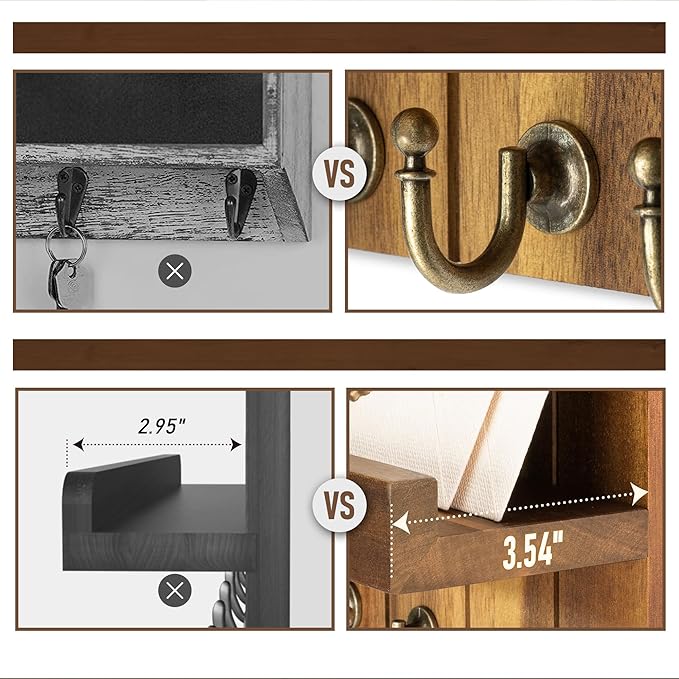 Rebee Vision Acacia Wood Key Holder Wall Mount – Farmhouse Key Holder for Wall & Mail Organizer with Shelf for Home Decor – Ideal for Apartment Essentials (Acacia Wood, 3.54" x 10" x 7.28")