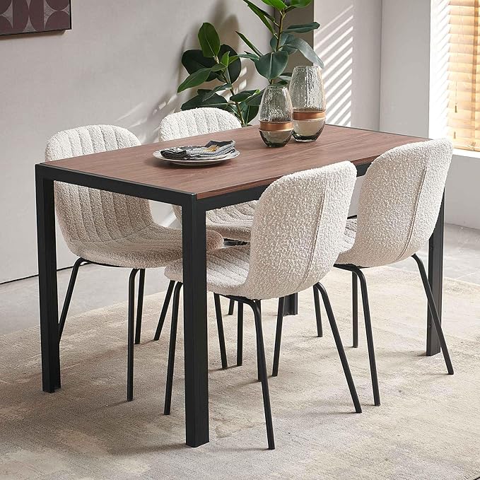 Modern Dining Table Set for 4, 47" Solid MDF Table Faux Wood Industrial Style Kitchen Table Set with 4 Beige Boucle Dining Chairs for Breakfast Nook, Dinette