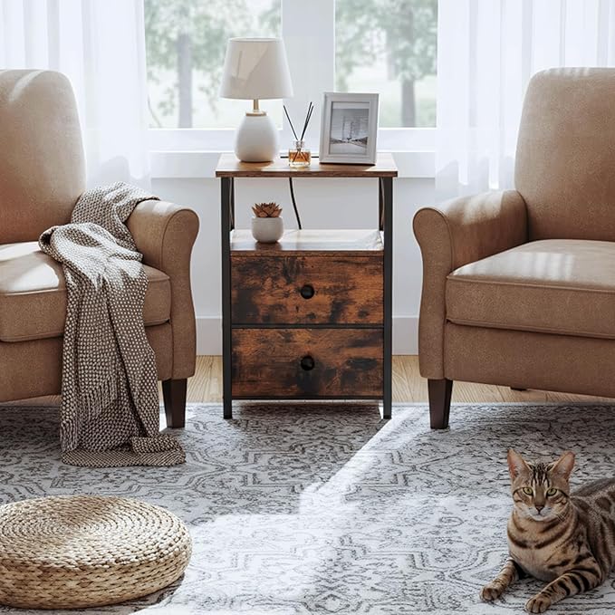 AMHANCIBLE Night Stand Set 2, Nightstand with Charging Station, End Tables Living Room with USB Ports and Outlets, Bedside Tables with Fabric Drawers for Bedroom, Rustic Brown HET05XBR