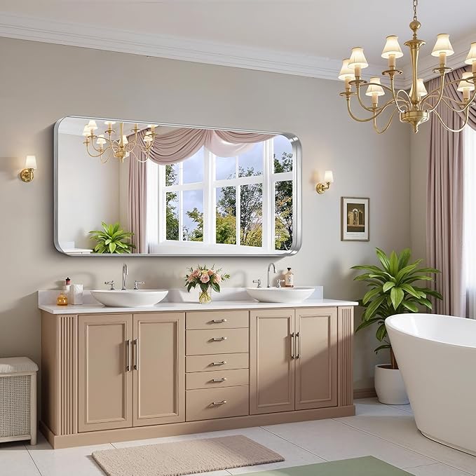 FORBATH 60x30 Inch Large Bathroom Mirror for Double Sinks, Brushed Silver Deep Frame Wall Mirror with Rounded Corners, Anti-Rust Tempered Glass for Modern Farmhouse Vanity (Horizontal/Vertical)