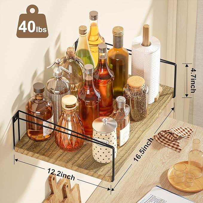 SRIWATANA Wide Floating Shelves, Rustic Wood Wall Shelves Set of 2, Wall Mounted Shelves with Large Capacity for Many Rooms Decor, Carbonized Black