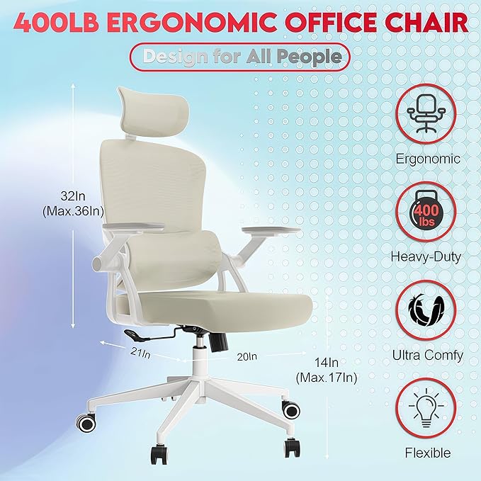 Ergonomic Office Chair - 400LB Comfy Desk Chairs with Adjustable Headrest and Lumbar Back Support, Mesh Computer Chairs with Wheels and Arms for Home Office, Study, Bedroom and Dorm (01khaki)