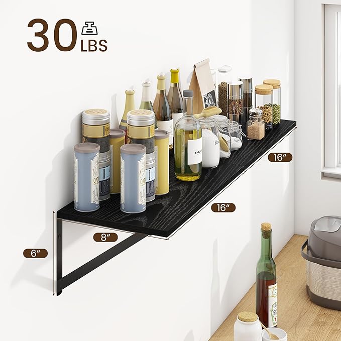 Fun Memories Deep Floating Shelves for Wall, 16W x 8D Wall Mounted Shelves Set of 2, Wide Display Ledge Shelf with Sturdy Metal Brackets for Living Room, Bathroom, Bedroom and Kitchen, Black