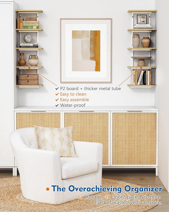 White and Natural Tiered Wall Shelf Unit, 5 Tier Display Floating Shelves, Deep Hanging Wall Shelving Unit for Living Room Plants TV, Bedroom Books, Office Décor (White and Natural Wood)