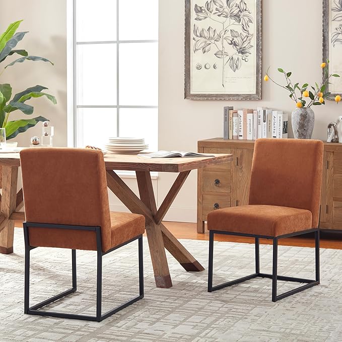 VKNOW Upholstered Dining Chairs Set of 2, Modern Dining Room Chairs, Linen Kitchen Chair Dinner Chair with Black Metal Base for Kitchen Office, Orange-Unstriped