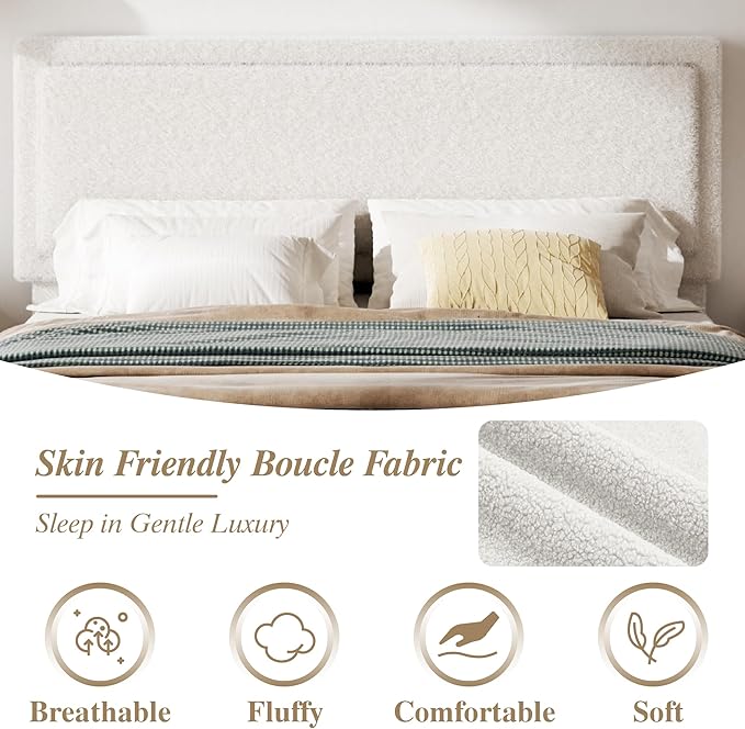 Full Size Bed Frame with Adjustable Headboard, Boucle Cloud Platform Bed with Wood Slats, Mattress Foundation, No Box Spring Needed, Easy Assembly, Beige