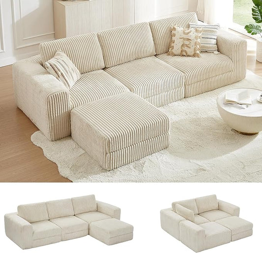 ONBRILL 110" Modular Sectional Sofa,L Shaped Couch 4 Seater with Sleeper Chaise,Upholstered Corduroy Couches for Living Room,Bedroom,No Assembly,Beige