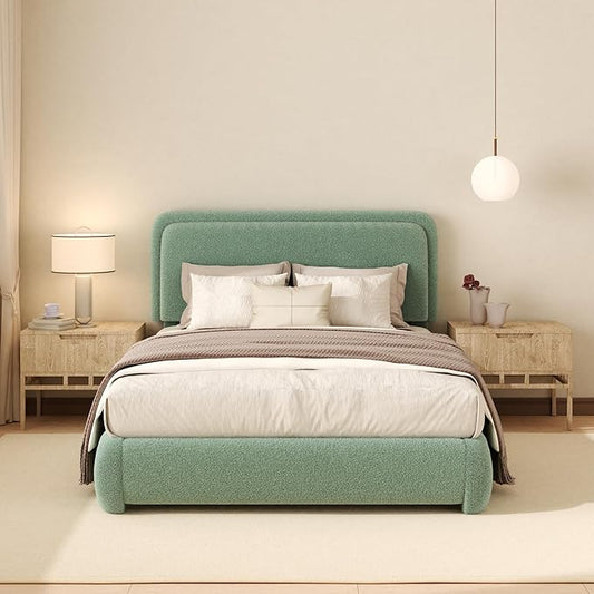 Full Boucle Platform Bed Frame with Height Adjustable Headboard, Modern Upholstered Cloud Bed, Sleek Curved Design, No Box Spring Needed, Easy Assembly, Noise Free,Green