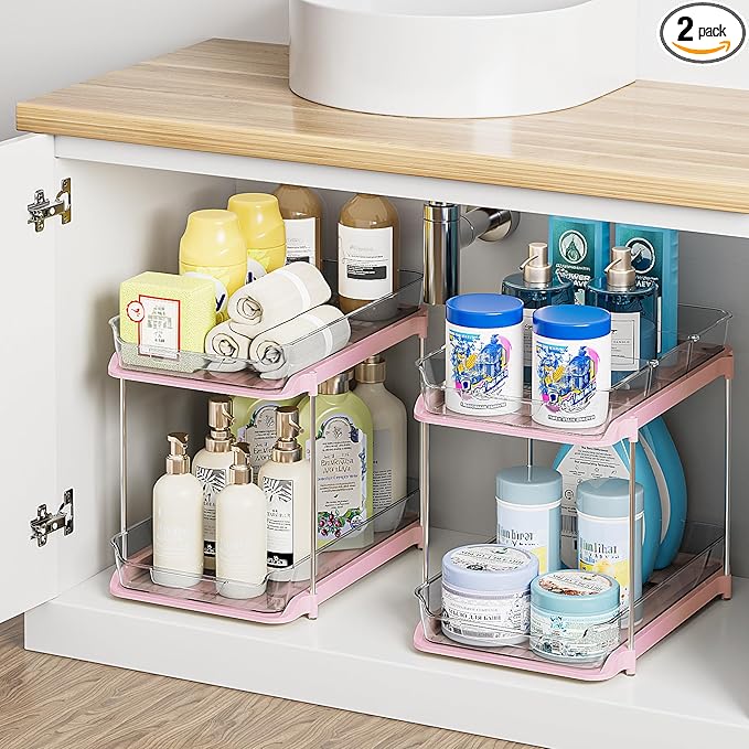 Delamu 2-Tier Multi-Purpose Bathroom Under Sink Organizers and Storage, Stackable Kitchen Pantry Organization, Pull Out Medicine Cabinet Organizer with Movable Dividers, Pink, 2 Pack