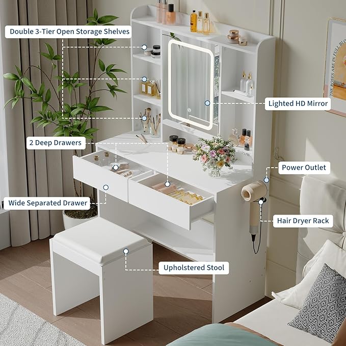 GarveeHome Vanity Desk with Mirror and Lights, for Bedroom, Includes Padded Stool, Easy to Assemble, Storage Drawers, USB Outlets, Hairdryer Holder, Adjustable LED Light with 3 Lighting Modes