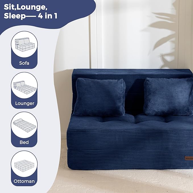 MAXYOYO Convertible Sofa Bed, Fold Out Sleeper Sofa with Pillow, 4 in 1 Tufted Folding Couch Bed Foam Floor Couch, Lazy Chair for Living Room Bedroom Guest Room, Navy