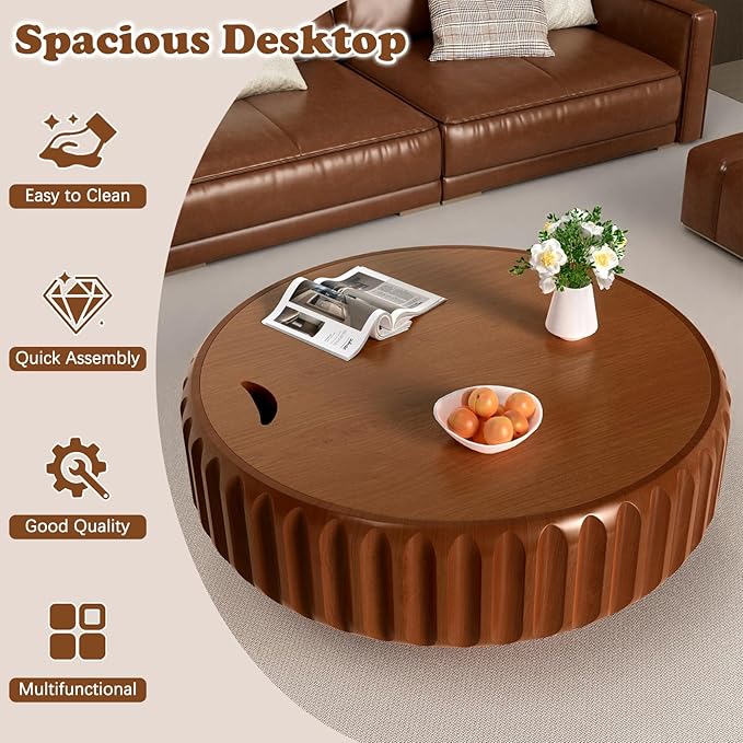 Round Coffee Table with Storage for Living Room, Handcraft Fluted Drum Coffee Table Modern Circle Wooden Coffee Table Cocktail Table for Home Office Apartment (Brown 31.5")