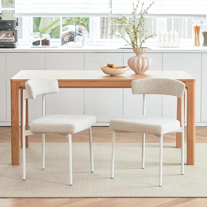Beige Fabric Dining Chairs Set of 2, Armless Upholstered Kitchen Chair,Modern Dining Room Chair with Curved Backrest