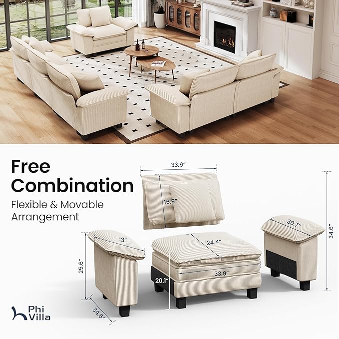 PHI VILLA Cloud Modular Couches Sets, 3 Pieces Large Sectional Sofa Set with Loveseats & Armchair, 6-Seater Upholstered Couch for Living Room, Corduroy Fabric, Beige