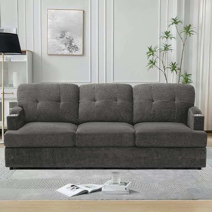 89" Chenille Modern Sofa with Cup Holder, Tufted Upholstered Couch with Thickened Cushions, Comfy 3 Seater Sofa with Deeper Seat for Living Room, Apartment, Grey