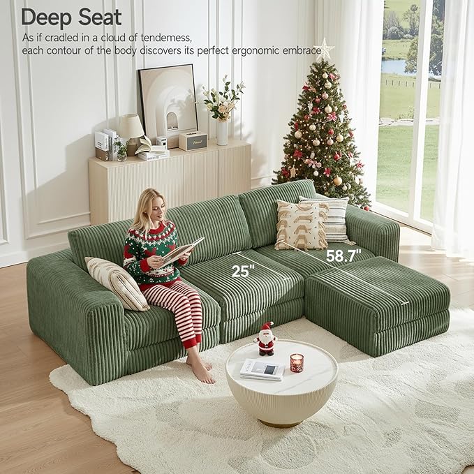 ONBRILL 110" Modular Sectional Sofa, L Shaped Couch 4 Seater with Sleeper Chaise, Sectional Couch with Deep Seat,Upholstered Corduroy Cloud Couches for Living Room,Bedroom,No Assembly Required,Green