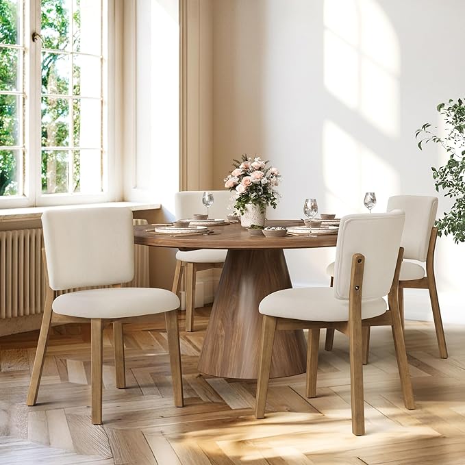 LUE BONA Wooden Dining Chairs Set of 6, Comfortable Wide Back Kitchen Side Chairs, Strong Thick Legs for Modern Farmhouse Dining Room, Linen Upholstered and Natural Wood Legs
