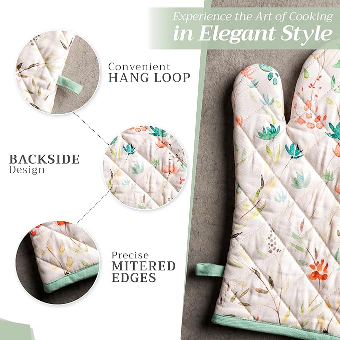 Maison d' Hermine 100% Cotton Oven Mitt & Pot Holder Set (7.5"x13" & 8"x8") Heat Resistant BBQ Cooking Gloves with Loop, Baking, Grilling, Kitchen, Handling Hot Pans Spring/Summer (Colmar)