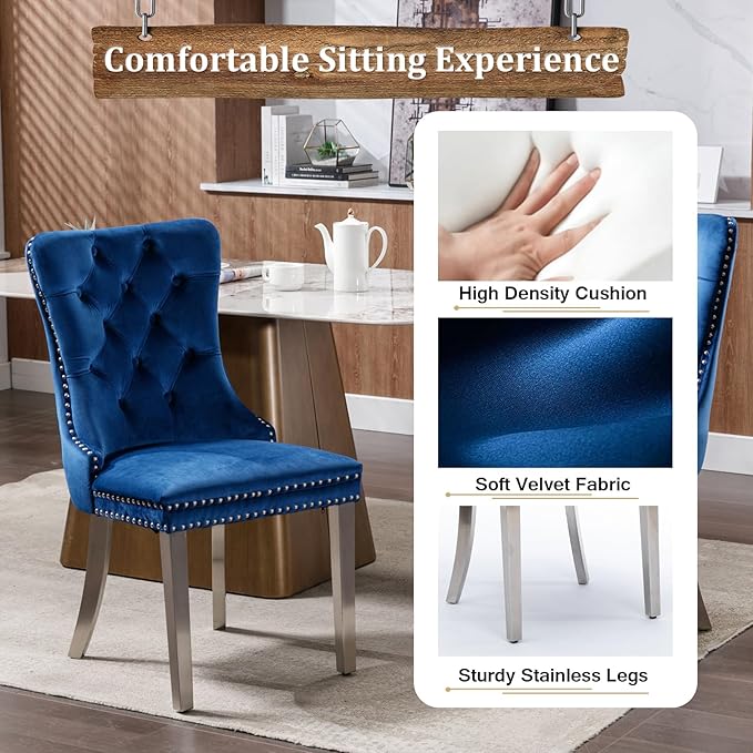 Goujxcy Glass Dining Table Set for 4, Modern Kitchen Table and Chairs Set of 4, 5-Piece Kitchen Dining Room Table Set w/36 Square Silver Glass Dining Table and 4 Blue Velvet Upholstered Chairs