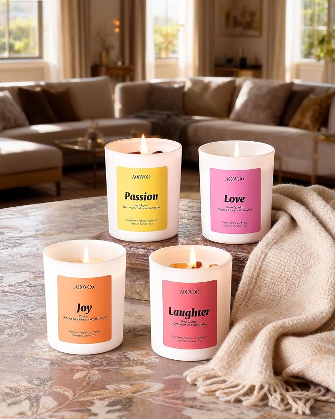AOOVOO Energy Candles Set for Women - 4 Pack Candles for Home Scented, 28 oz 200 Hour Burn, Aromatherapy Candle with Crystals, Laughter Red Quartz/Love Rose Quartz/Joy Citrine/Passion Red Agate