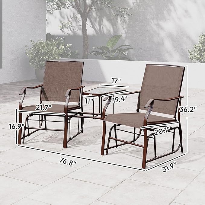 Outsunny Outdoor Glider Chairs with Coffee Table, Patio 2-Seat Rocking Chair Swing Loveseat with Breathable Sling for Backyard, Garden, and Porch, Coffee Brown