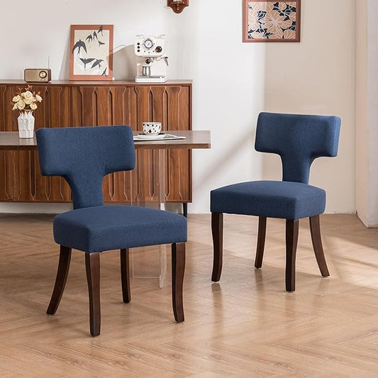 Mid Century Modern Dining Chairs Set of 2, Upholstered Side Dining Chairs with Curved Back Linen Fabric Armless Wood Chairs Kitchen & Dining Room Farmhouse Chairs (Blue)