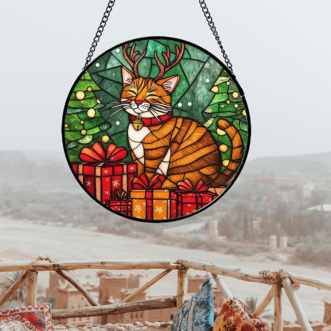 Stained Glass Window Hanging Orange Cat Elk Antler Large 11.8" - Suncatcher Door Garden Kitchen Sun Catcher Home Decor Birthday Gifts for Lost Pets Mom Men Woman Friend Grandma