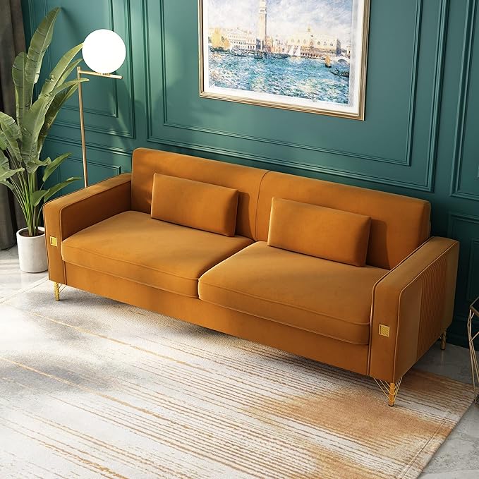 2PCS 85.63" Orange Velvet Sofa,Modern Loveseat Couch with Pillows Set of 2 for Living Room,Bedroom,Apartment Furniture with Gold Metal Legs
