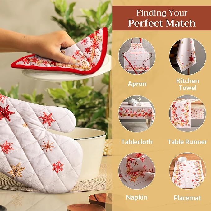 Maison d' Hermine 100% Cotton Oven Mitt & Pot Holder Set (7.5"x13" & 8"x8") Heat Resistant BBQ Cooking Gloves with Loop for Thanksgiving Christmas Decorations Handling Hot Pans (Crystal Star)