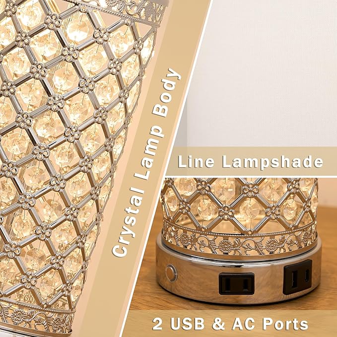 Crystal Table Lamps Set of 2, 3-Way Dimmable Bedside Lamp with 2 USB Ports & AC Outlets for Living Room Bedroom Nightstand Lamp Night Light (Silver- 2 Pack 24In)