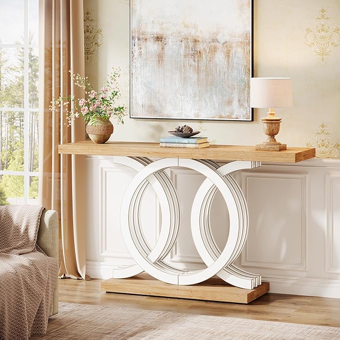 Tribesigns 55-Inch Console Table with Geometric Wood Base, Modern Entryway Table with Thick Tabletop for Living Room, Hallway, Foyer (White)