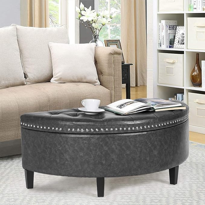 Homebeez 43" Half Moon Storage Ottoman Bench, Lift Top Faux Leather Storage Ottoman Bench for Bedroom Living Room (Gray)